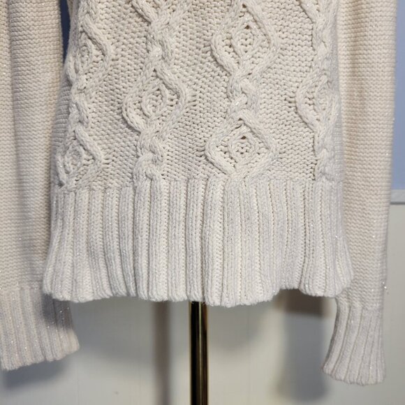 Ann Taylor Loft Medium White Silver Shimmer Cable Knit Longsleeve Turtleneck - Picture 3 of 8